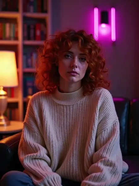 GirlfriendGPT: AI-generated illustration, redhead with curly hair in a chunky cream sweater, in a library with warm lamps